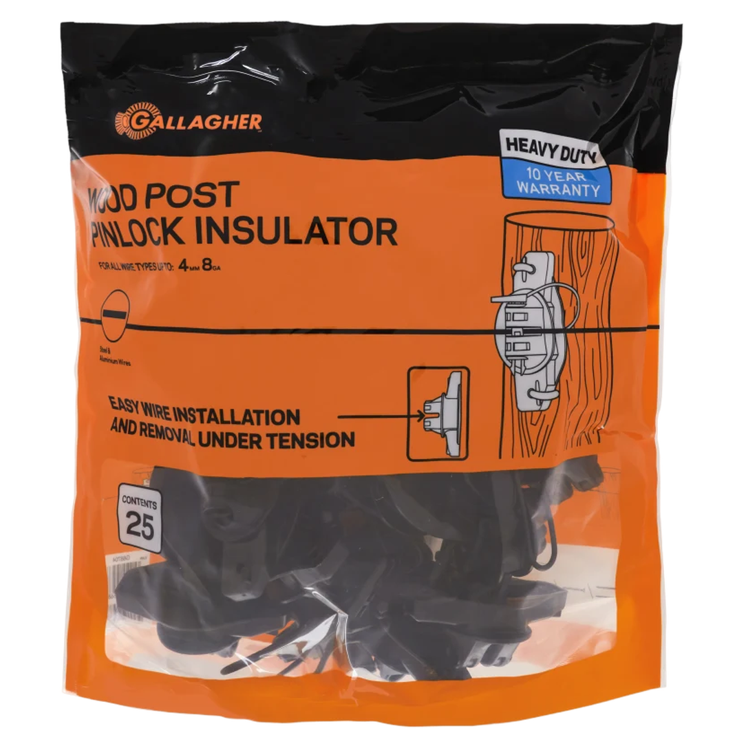 Gallagher Wood Post Pinlock Insulator – Black, 25 Pack