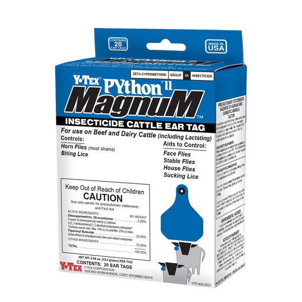 Python® II Magnum Insecticide Ear Tags - Heavy-Duty Fly & Tick Control for Cattle - 20 Pack